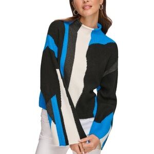 DKNY Black, Blue, and White Turtleneck Sweater